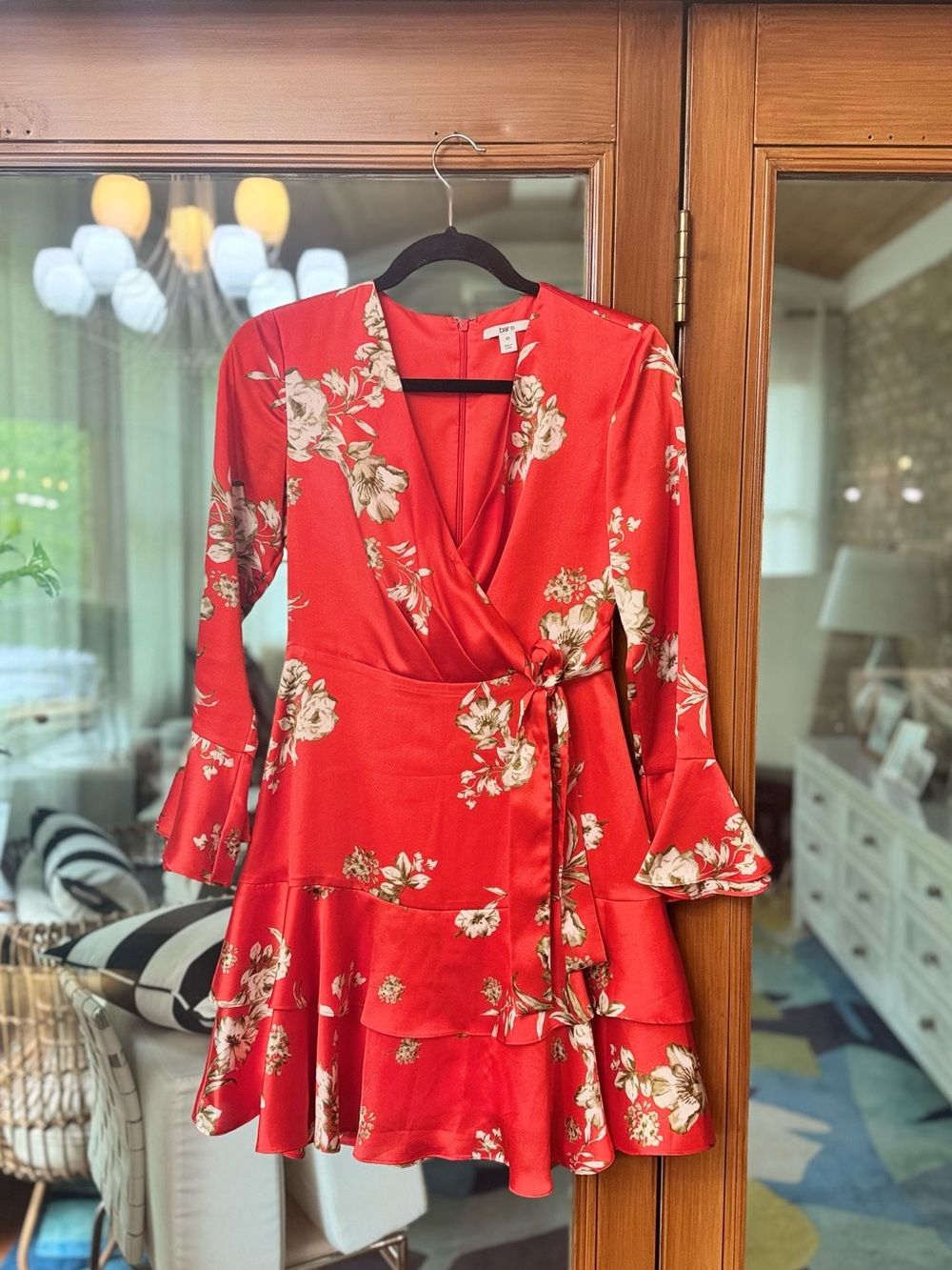 Bar III Red Floral Wrap Dress with Tie Waist - Picture 5 of 12